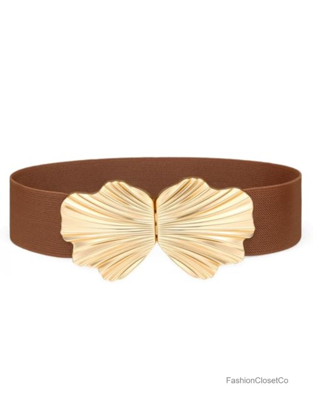 Wide Elastic Waist Belt Stretch Shell Gold Buckle for Dresses